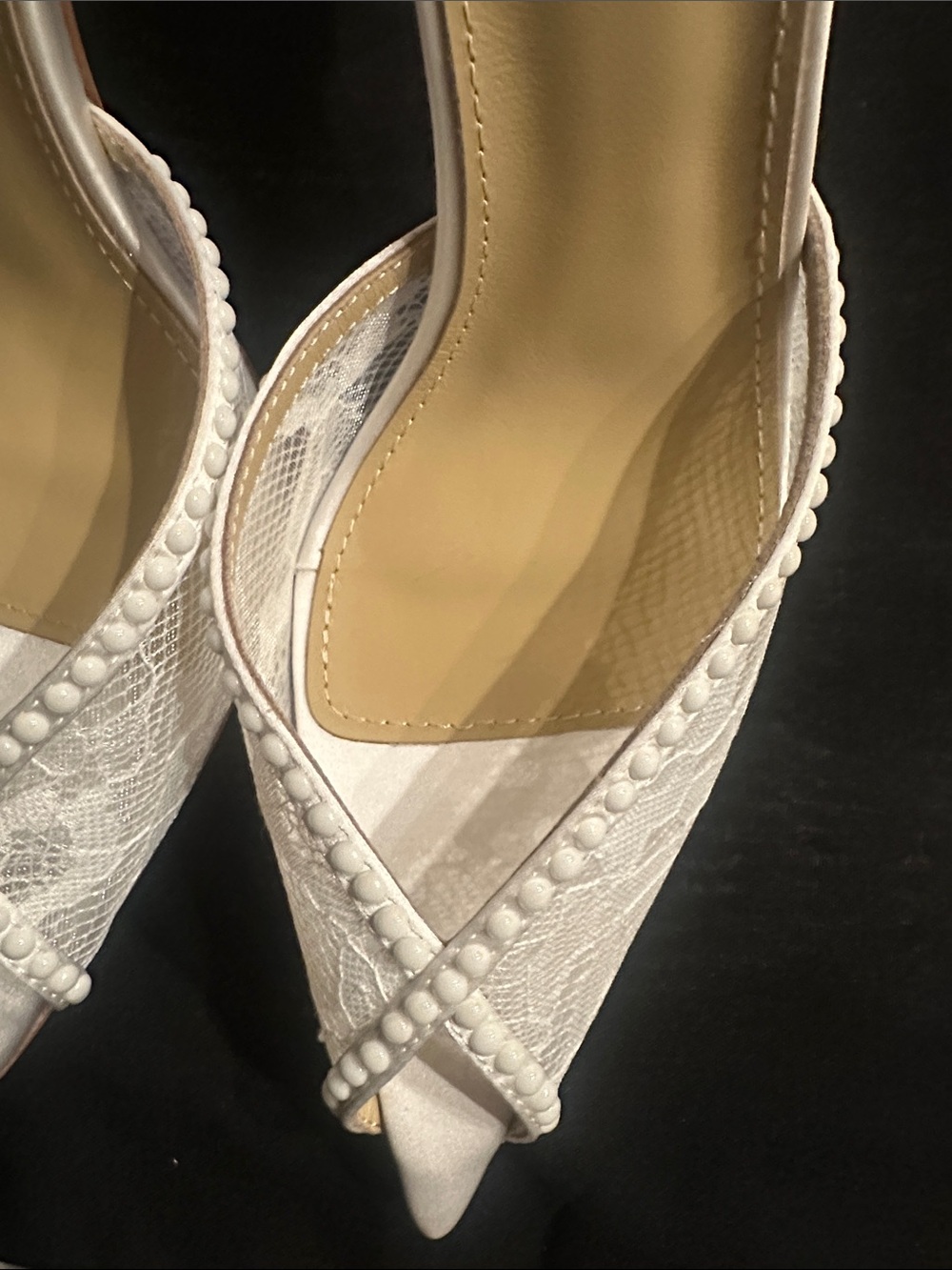 White Beaded Lace Pointed Toe Slingback Heels